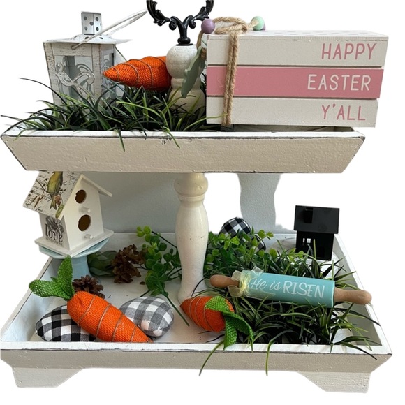 Other - Easter Farmhouse Tier Tray Wooden Bundle Book Stack, Rolling Pin, & Bird House